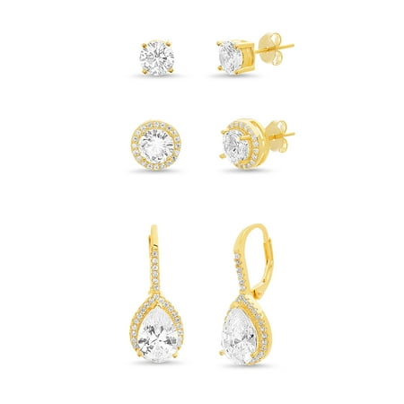 Inspired by You Pear and Round Shaped Prong Set Cubic Zirconia Halo Style Stud and Leverback Bridal Earring Set for Women in Yellow Gold Plated 925 Sterling (Best Clothes Style For Pear Shaped)