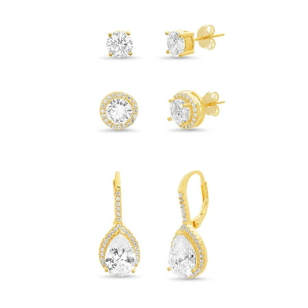 Chalcedony Leverback Earring Inspired by You Pear and Round Shaped Prong Set Cubic Zirconia Halo Style Stud and Leverback Bridal Earring Set for Women in Yellow Gold Plated 925 Sterling Silver ()