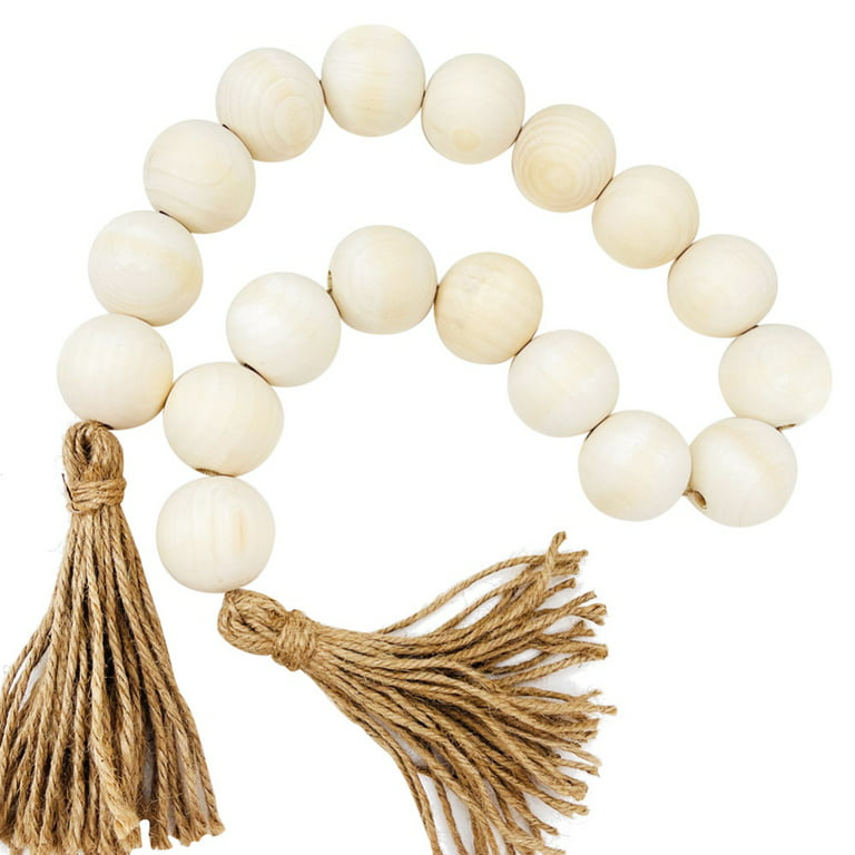 Large Wood Bead Garland White with 1.6 Diameter Wooden Beads and Tassels,  37.4 Long Rustic Farmhouse Country Wood Beads Garland for Home Tiered Tray  Decor, Decorative Beads Garland 
