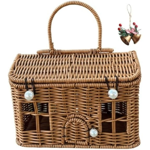 Vintage Basket House Shaped Basket, 9x6x5.5 Inch, Pp Rattan Organizing Storage Baskets with Lid & Handle, Button Closure Wicker Suitcase for Christmas Indoor Outdoor Decorations Gifts(Brown)