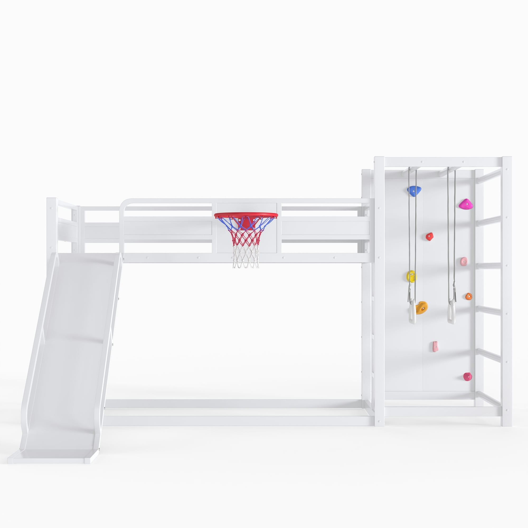 Twin Size Loft/Bunk Bed with Basketball Hoop, Pull-up Rings and Climbing Wall, Metal Loft Bed Frame with Slide and Bookshelves, Heavy Duty Bunk Beds with Guardrail