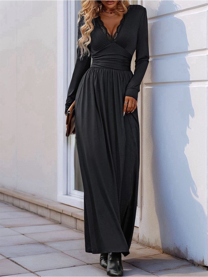 Women Deep V Neck Long Sleeve Slit 2025 Fall Elegant Formal Wedding Evening  Date Prom Maxi Long Dress Black XL - Walmart.com