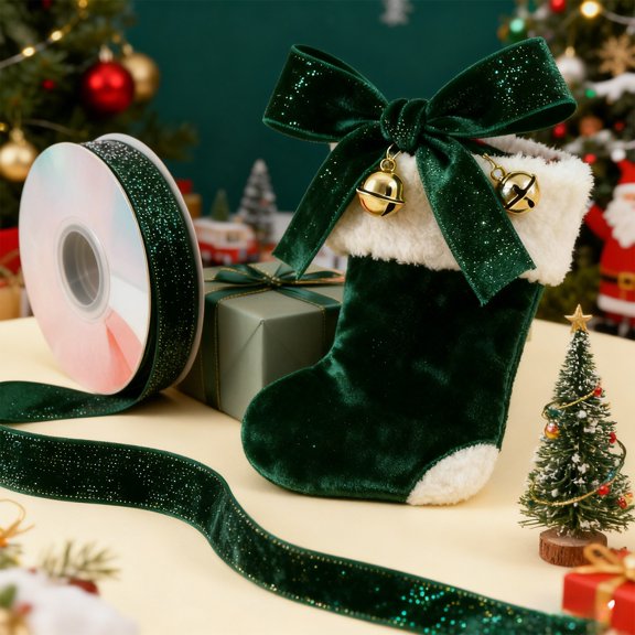 Hometravel Green Velvet Glitter Ribbon, 5-Yard Sparkle Finish Satin Material, Holiday DIY Craft Supply for Gift and Table Decoration