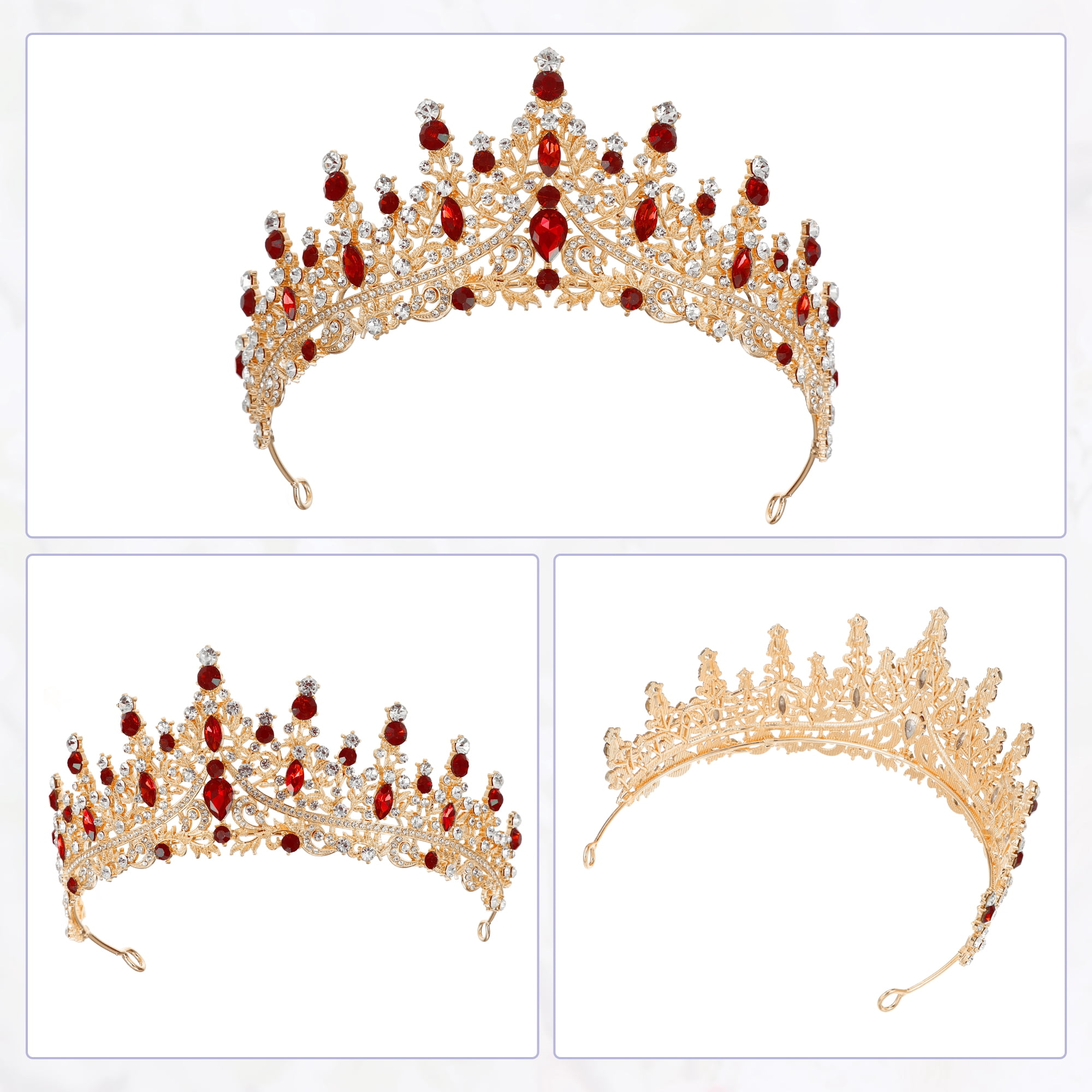 Unique Bargains Women Faux Crystal Queen Crowns Tiara Hair Accessories Gold Tone Red