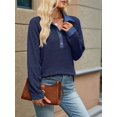 thumbnail image 6 of Women's Denim Contrast Collar Raglan Loose Long Sleeve Quarter Button Knit Top Royal Blue S, 6 of 10