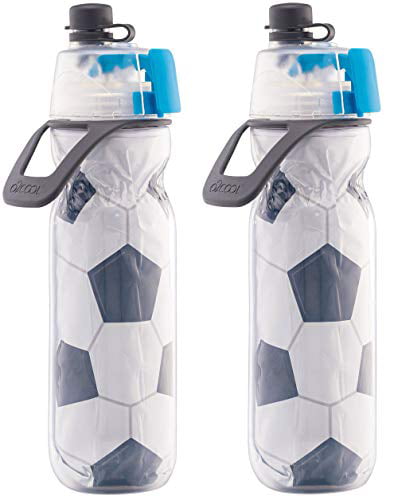 O2COOL Mist 'N Sip Misting Water Bottle 2-in-1 Mist And Sip Function With No Leak Pull Top Spout Soccer 2 Pack 