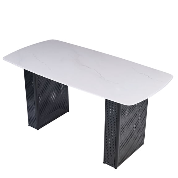 Modern Rectangular Tempered Glass Dining Table, Marble-Patterned Design with Black Dual-Pedestal Metal Base, Ideal for Dining Room & Home Office