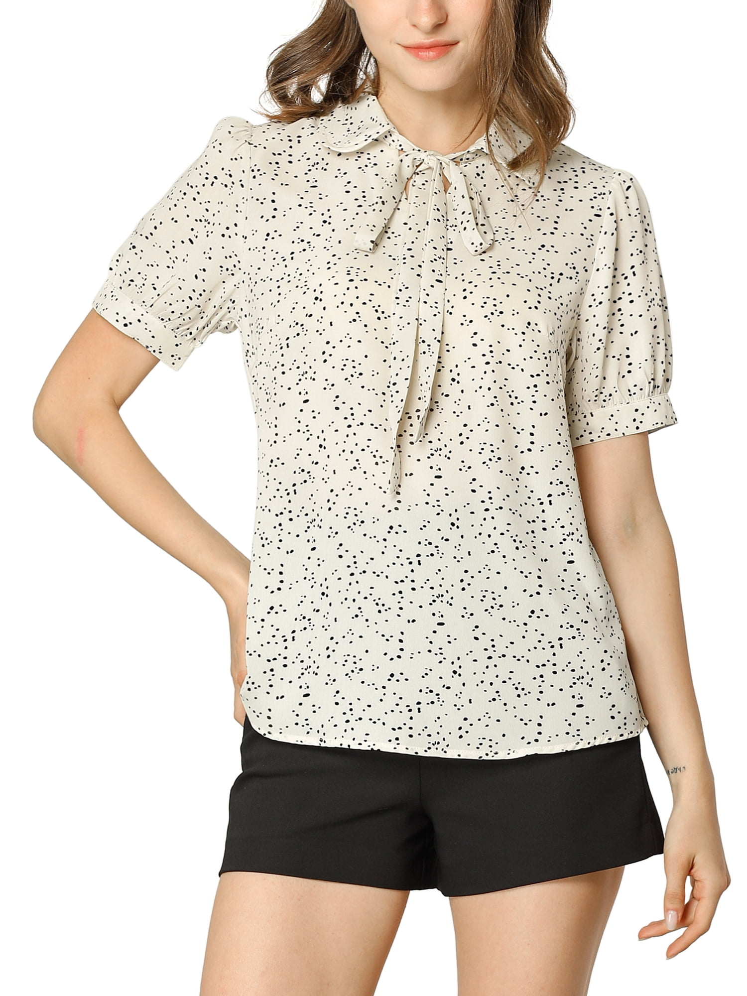 DARING DIVA Women's Polka Dots Tie Bow Chiffon Blouse XL Cream White-Dots