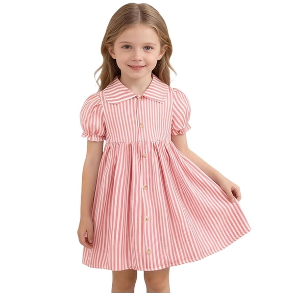 Little Girls Summer Striped Dress Puff Sleeve Ruffle Collared Dress Semi Formal Casual Cute Toddler Clothes Pink, 5 Years