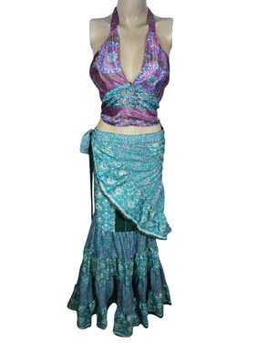 Mogul Womens 2 Pieces Wrap Around Skirt With Halter Crop Top Upcycled Silk Sari Vintage Printed Flare Ruffle Summer Fashion Maxi Dress