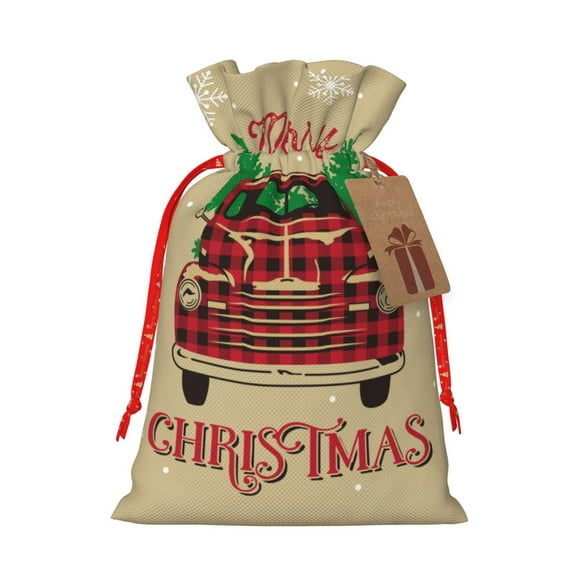 Honeii Christmas Vintage Red Truck Print Small Burlap Bags,Christmas Drawstring Treat Bags Gift Bags Reusable Candy Goodie Wrapping Bags for Holiday Party Favors Supplies -Small