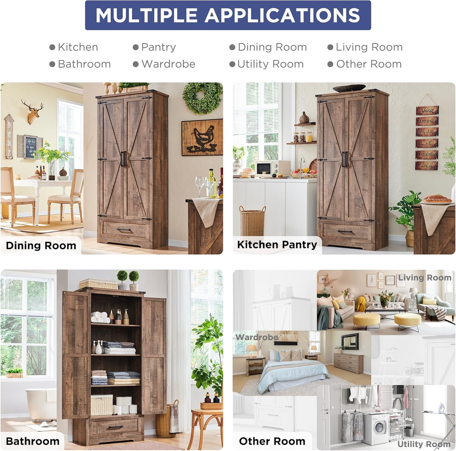 ACCOHOHO Farmhouse Kitchen Pantry Cabinet, Large Drawer Shelves, Wood
