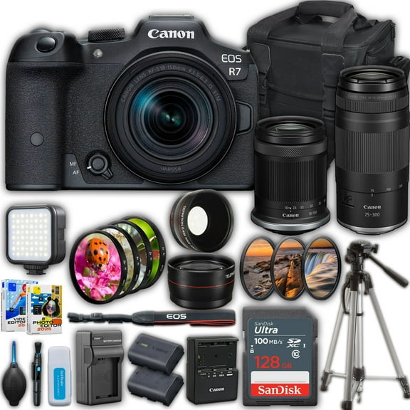 Canon EOS R7 Mirrorless Camera with 18-150mm Lens & RF 75-300mm Lenses Kit SanDisk 128 GB Memory Card   Camera Case   50" Tripod   More