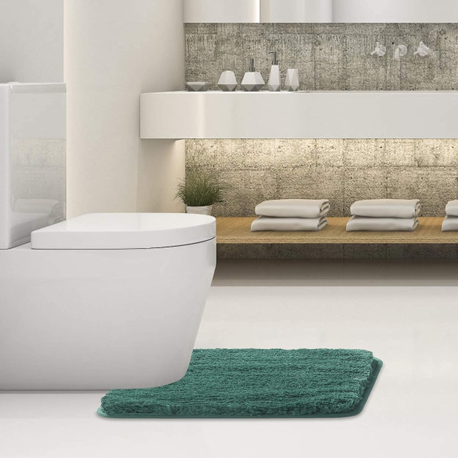 Bathroom Contour Rug Non Slip Bath Mat Water Absorbent Soft Microfiber Shaggy Bathroom Mat Machine Washable Bath Rug for Bathroom Thick Plush U Shape Toilet Rug (20 x 24, Hunter Green)