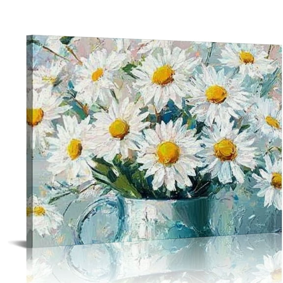 FCXZI Flowers Bathroom Wall Decor Floral Canvas Wall Art White Daisy in Vase Light Blue Background Modern Gallery Prints Pictures Ready to Hang 16x12in