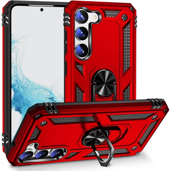 Military Grade Drop Impact for Samsung Galaxy S23 Case Galaxy S23 5G Case 360 Metal Rotating Ring Kickstand Holder Heavy Duty Shockproof Case for Galaxy S23 Phone Case (Red)