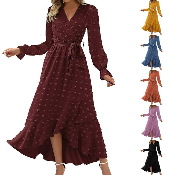 Elainilye Fashion Boho Summer Dress Casual Bohemian Dress V-Neck Long Sleeve Dress Long Dress,Orange