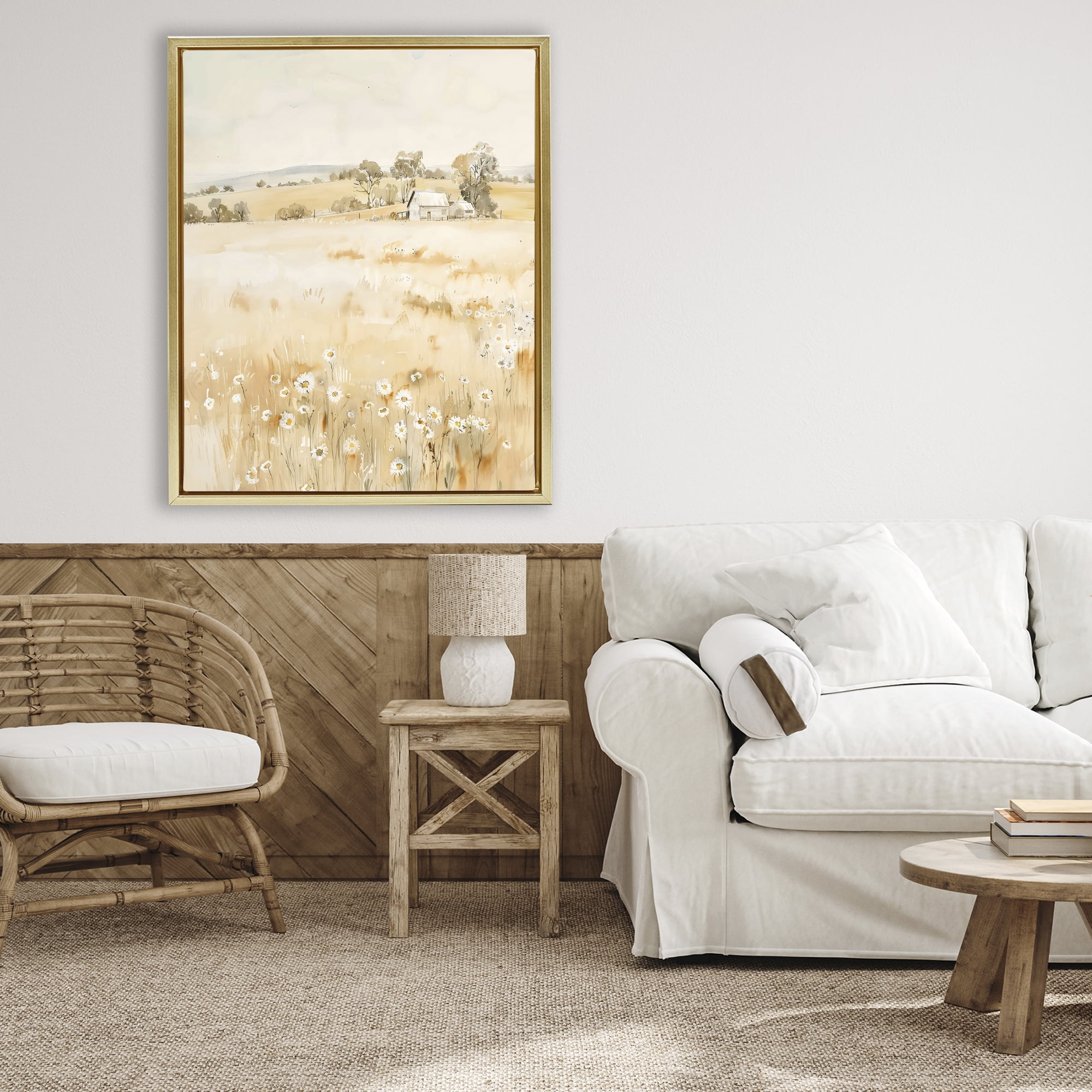 Stupell Industries Farm Country Meadow with Daisies Gold Framed Floater Canvas Wall Art, design by Creative Studio