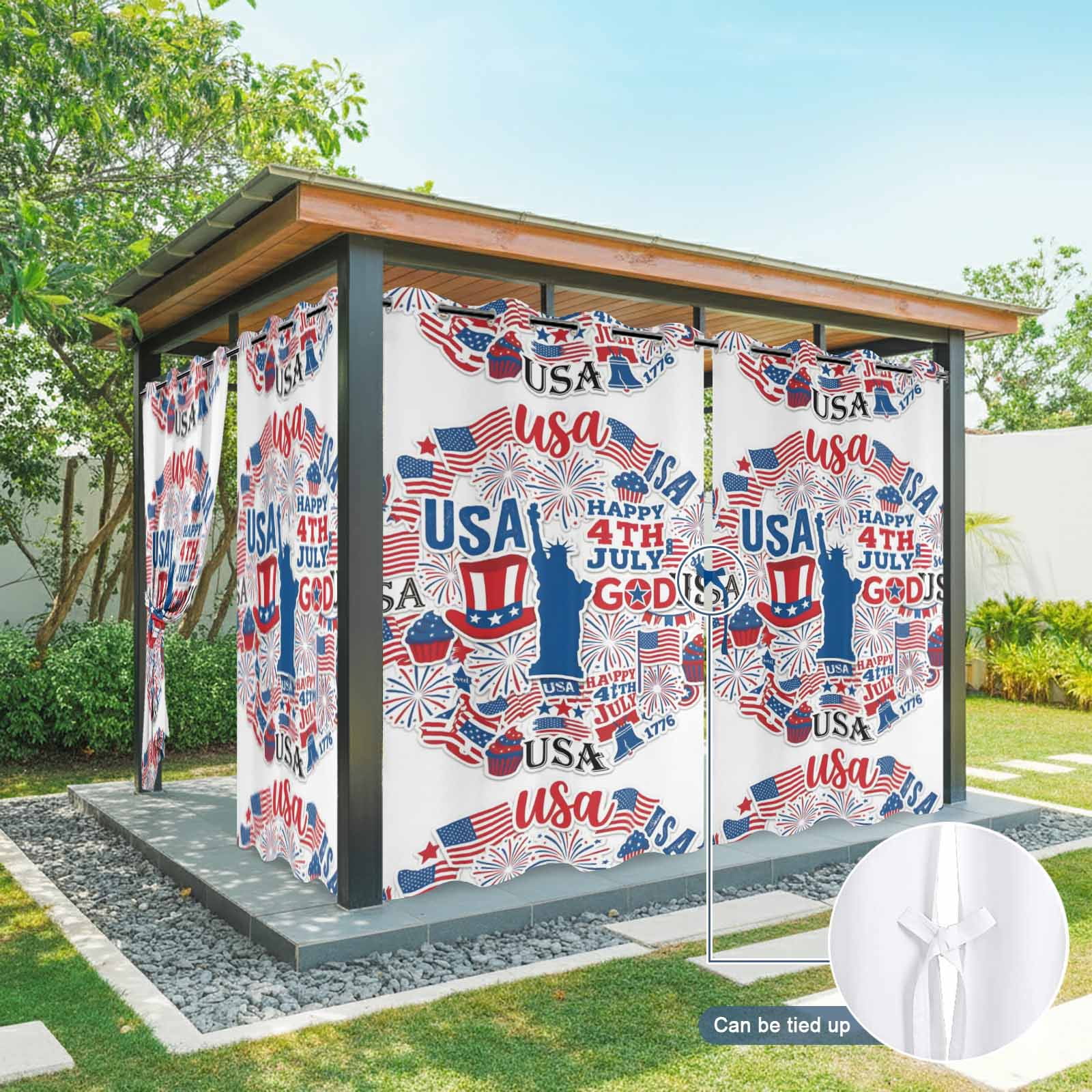 Independence Day Outdoor Curtains for Patio, Statue of Liberty Silhouette U. S. Flag Sunshade Privacy Drapes Grommet Waterproof Outside Curtains for Porch/Cabana/Balcony 54"x 108", 1 Panel