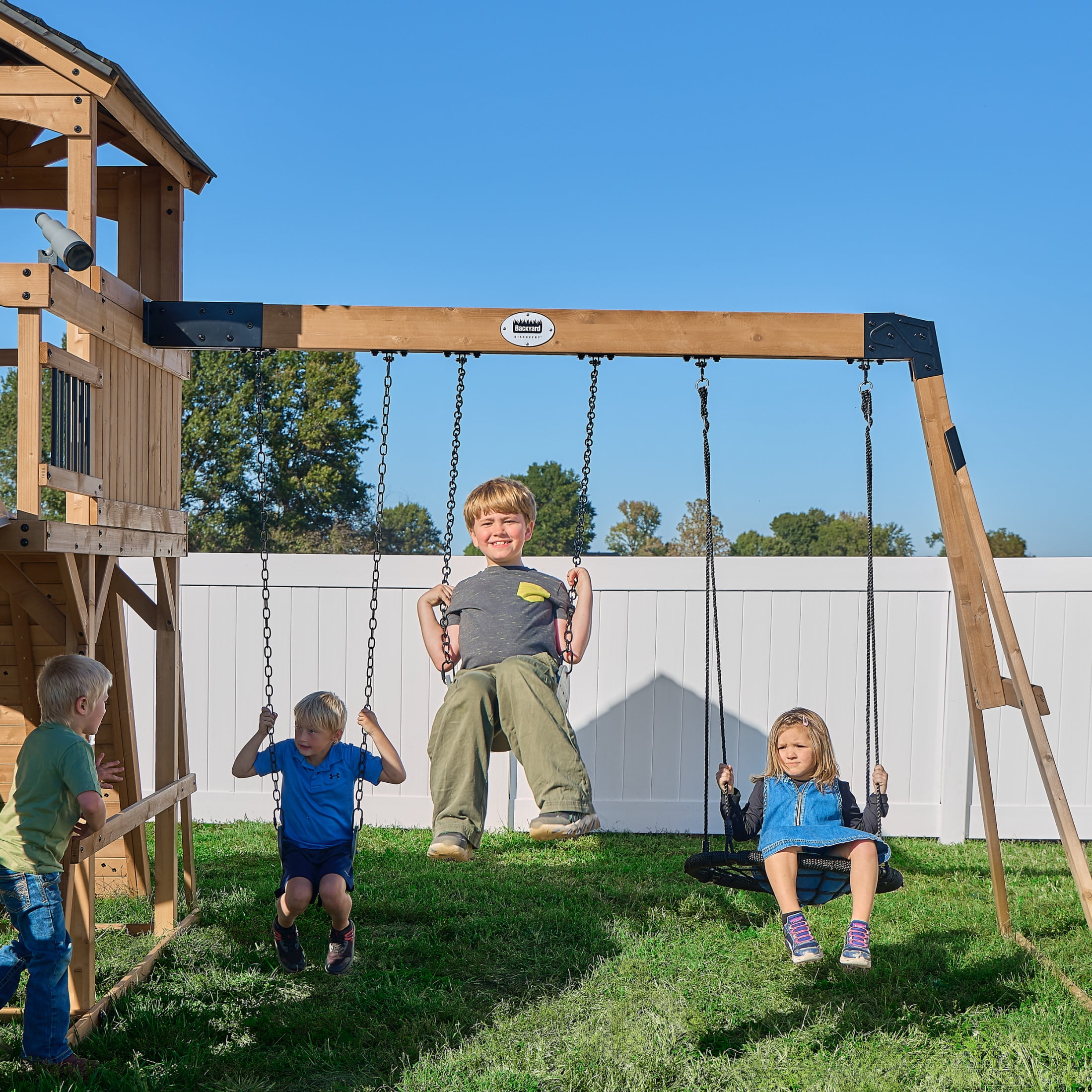 Backyard Discovery Dover Bay Spruce Swing Set, Tube Slide, Clubhouse, Rock Wall