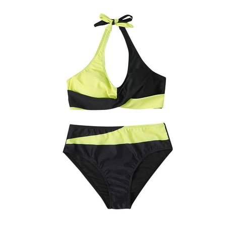 Jamicy Womens Bikini Swimsuits Gift for Wives Women s Color Block Halter Bikini Sets Swimsuit High Waisted Thong Modest Bathing Suit