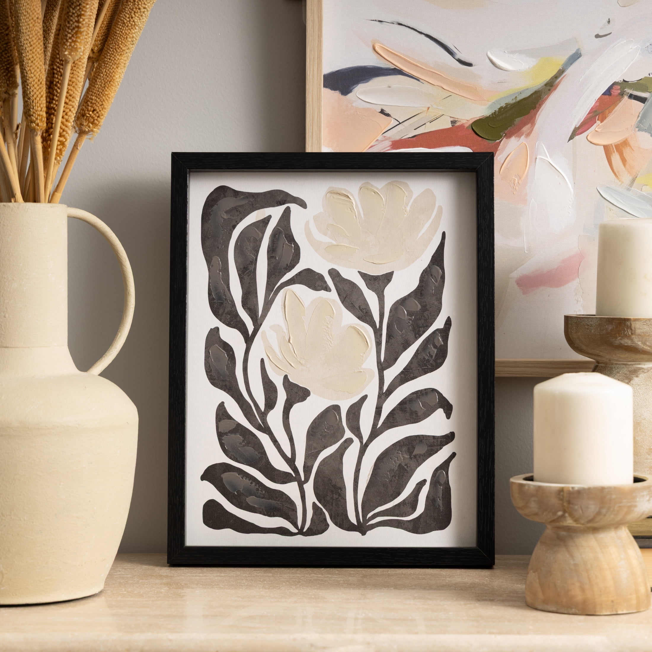 14" x 11" Floral Framed Wall Art with Black Stems and Leaves, by DecMode