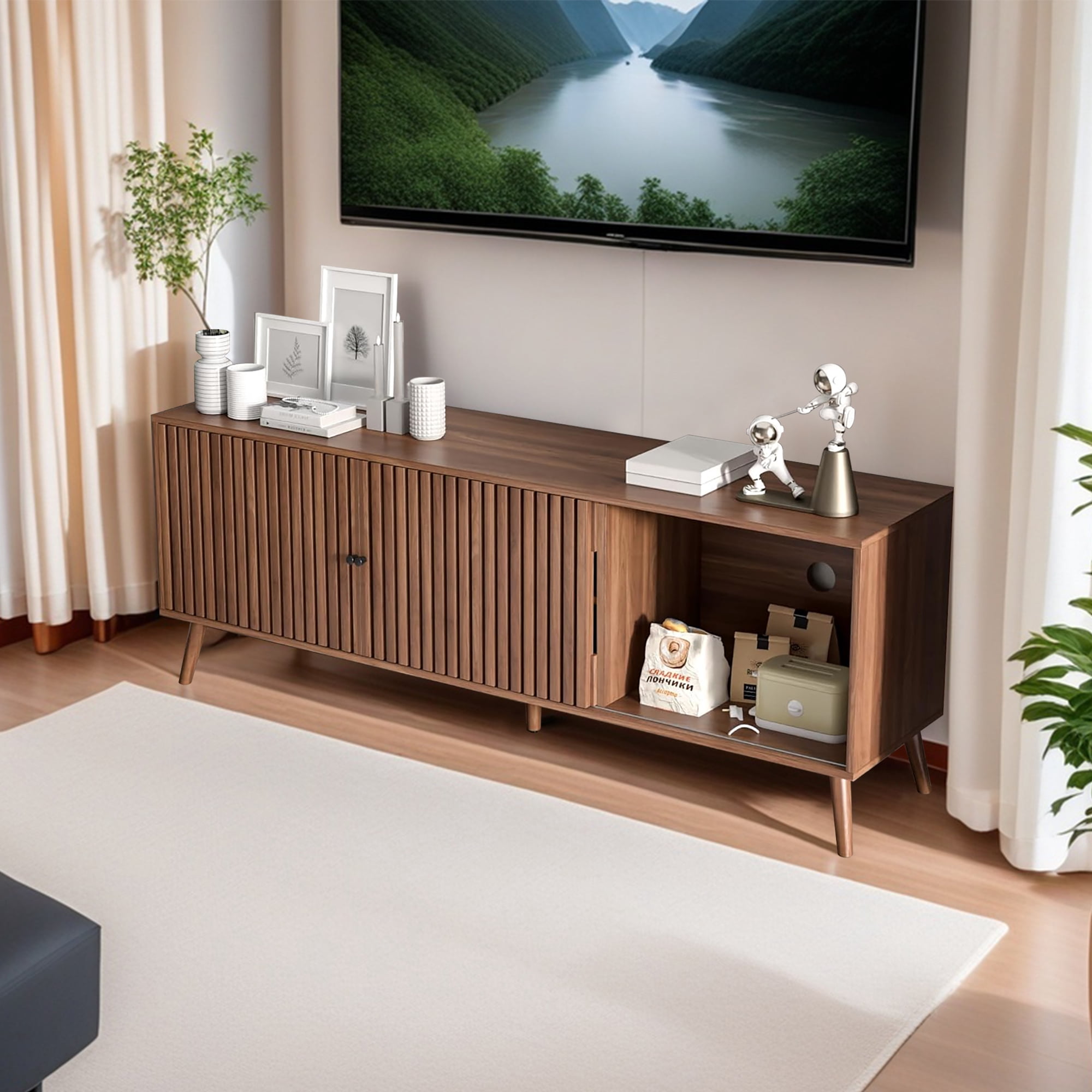 Diubas Mid Century Modern TV Stand for TV up to 70'', Television Stands, TV Consoles, Media Consoles, Walnut