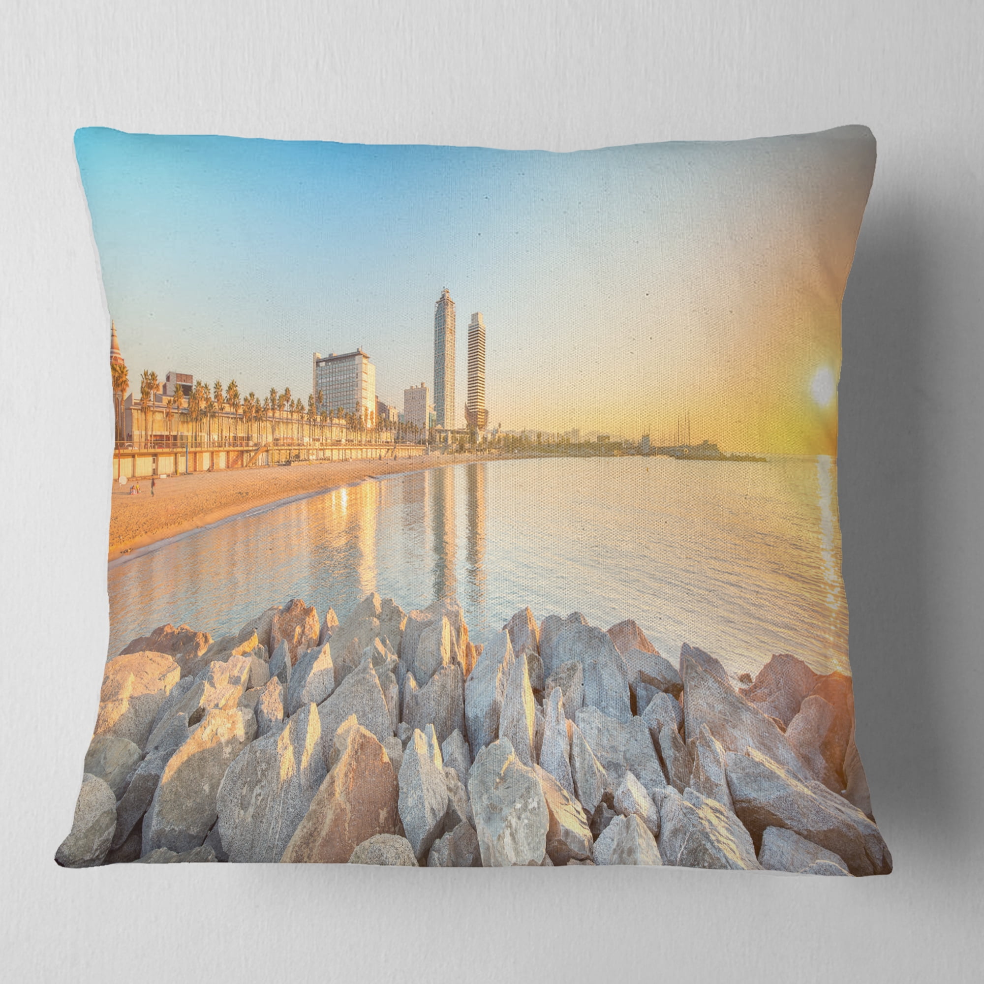 Designart Barceloneta Beach in Barcelona - Seashore Photo Throw Pillow - 18x18