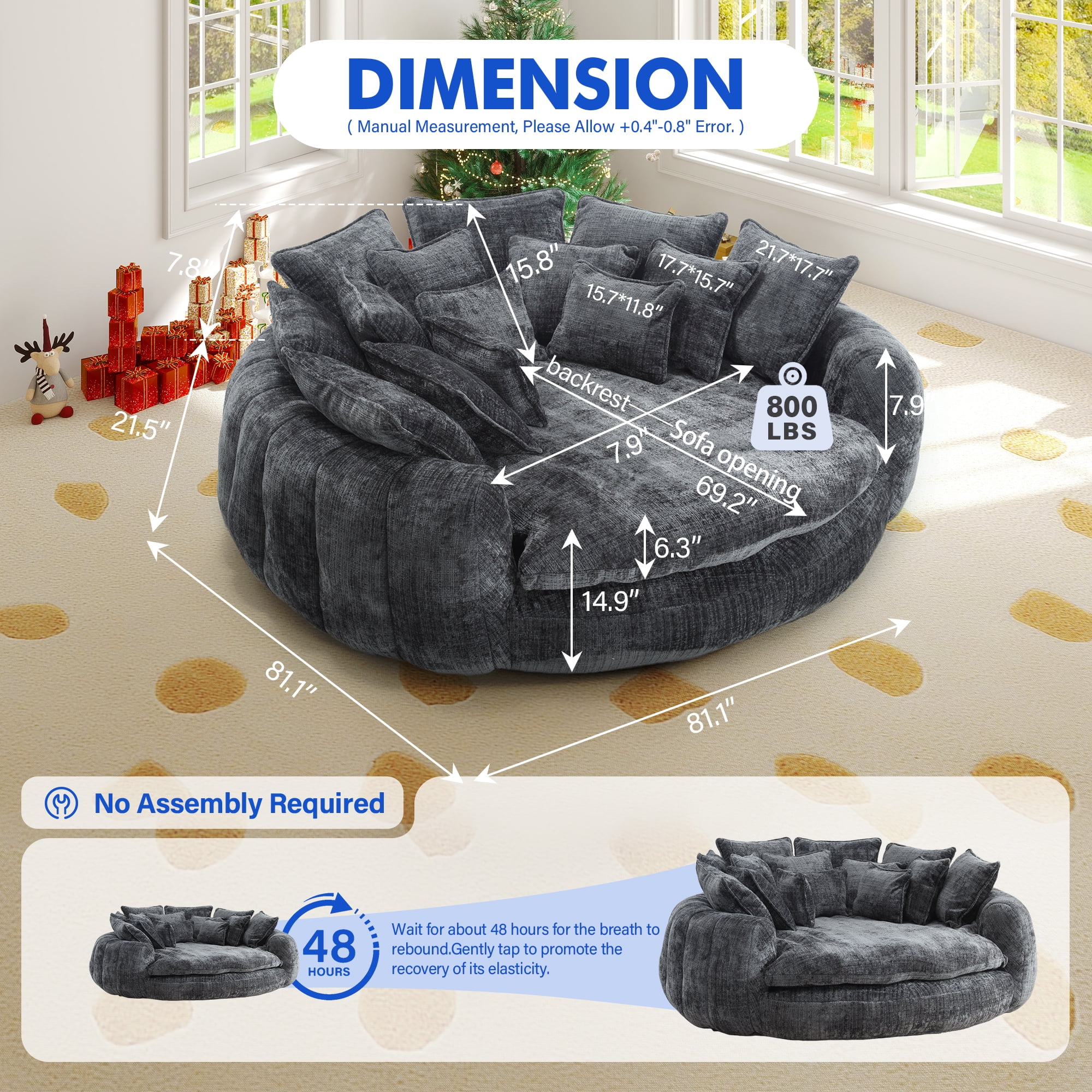Aukfa 81" Oversized Round Chaise Lounge Sofa Bed, Modern Chenille Cloud Couch with Deep Seat, 14 Pillows, Assemble-Free, Gray