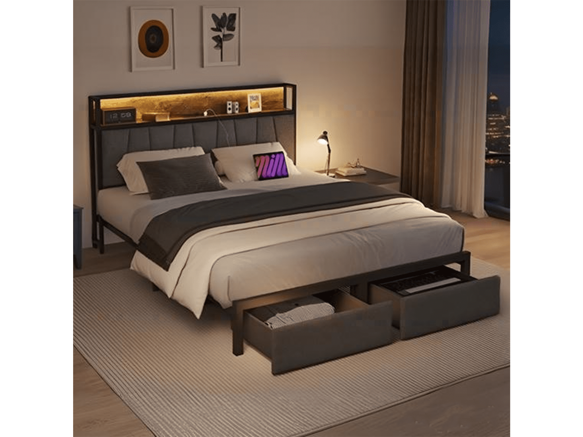 All-in-One Queen Bed: Integrated Charging, Ambient Lighting, and Functional Drawers,Modern Queen Bed Frame: Power-Ready Headboard, Illuminated Design, and Under-Bed Storage