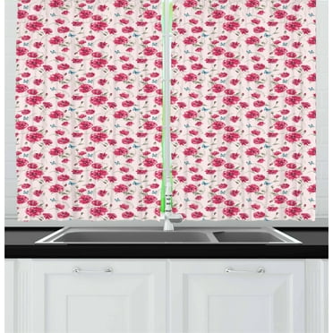 Ambesonne Aqua and Pink Kitchen Curtains, Summer Poppies, 55"x39", Aqua Pink and Pale Pink