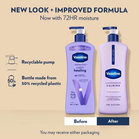 VASELINE LAVENDER CALMING LAVENDER CALMING BODY LOTION FOR DRY SKIN LOTION MADE WITH ULTRA-HYDRATING LIPIDS AND LAVENDER EXTRACT TO HEAL AND RESTORE DRY SKIN, 20.3 FL OZ