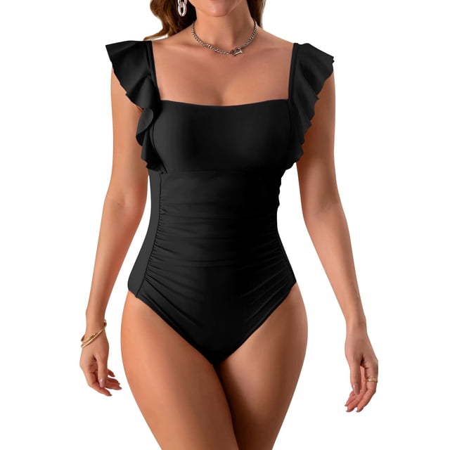 Women's Solid Color Ruffled Open Back Pleated Swimsuit M-XL