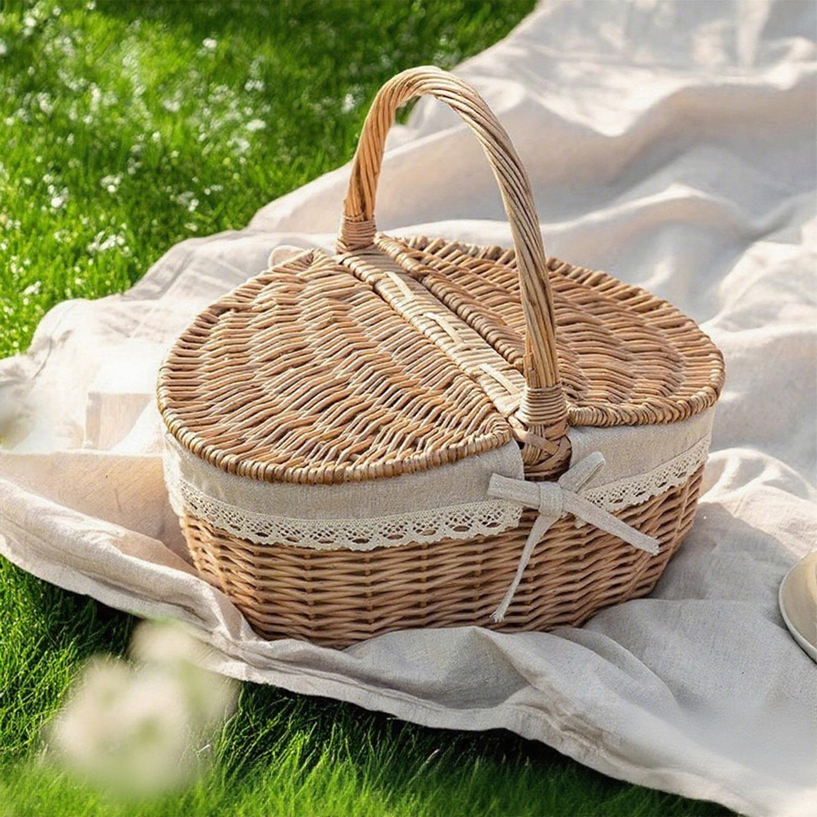 Adult Easter Basket, Picnic Basket, Handwoven Wicker Picnic Basket with Lid, Storage Hamper with Handle, Rattan Serving Basket for Outdoor, Beach, Camping