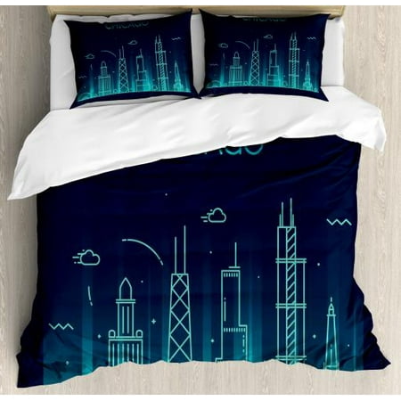 Chicago Skyline Queen Size Duvet Cover Set Blue American Town