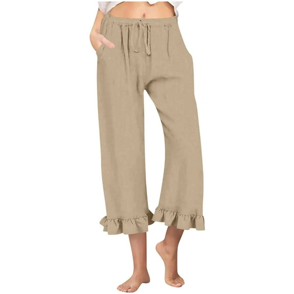 Women Ruffles Hem Capri Pants Fashion Solid Color Lace up Elastic Waist Loose Comfy Wide Leg Sweatpant with Pocket Beige Large