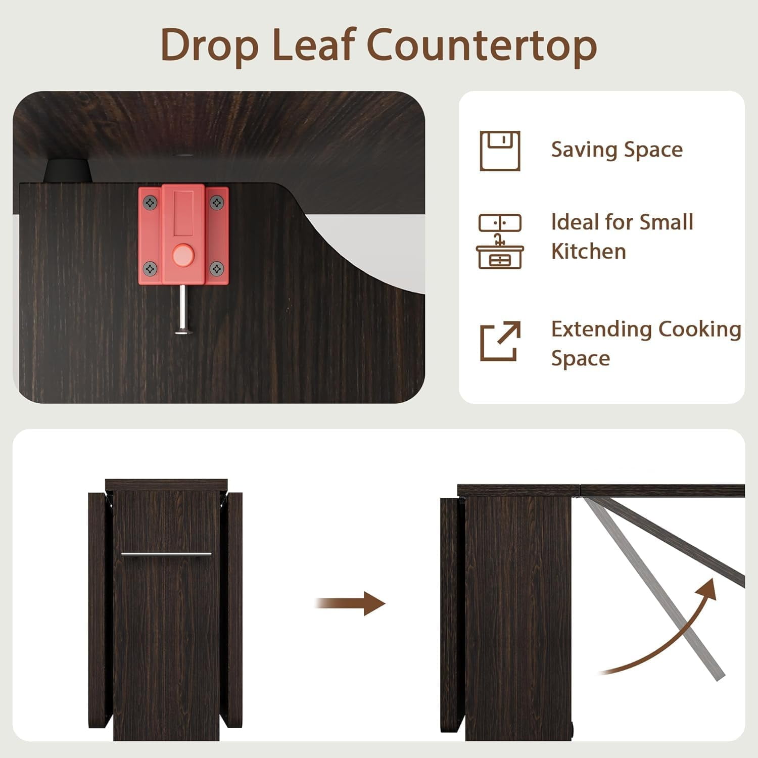 GAOMON Space-Saving Folding Dining Table with Drop Leaf & 2-Tier Storage, Expandable Farmhouse Table for Kitchen, Dining Room, or Small Spaces, Dark Walnut