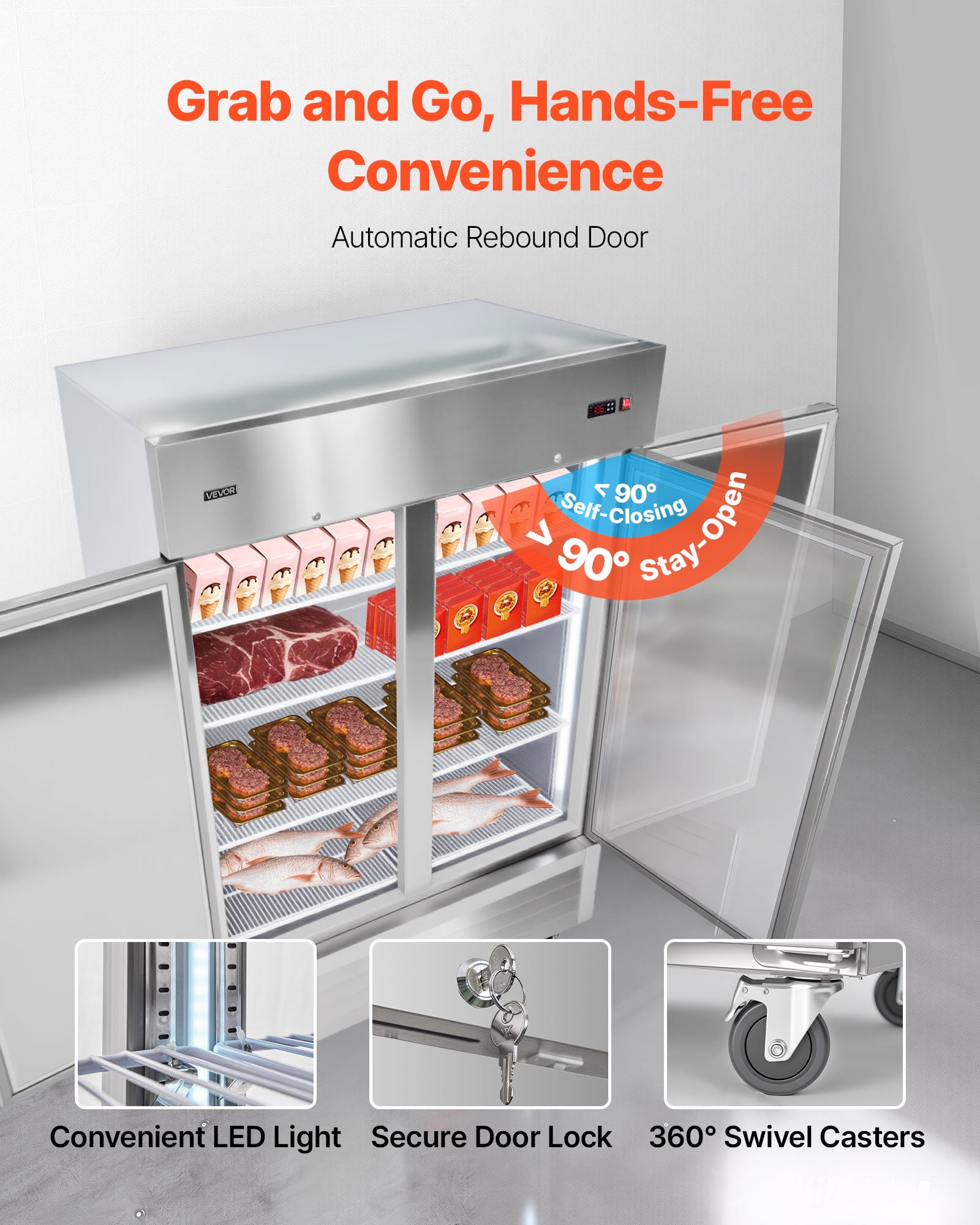 VEVOR Commercial Reach-In Freezer 54" W, 44 Cu.Ft Stainless Steel Upright Freezer with Double Doors, Auto-Defrost, 8 Adjustable Shelves, -11 to 14℉ Temp Control, ETL Certified