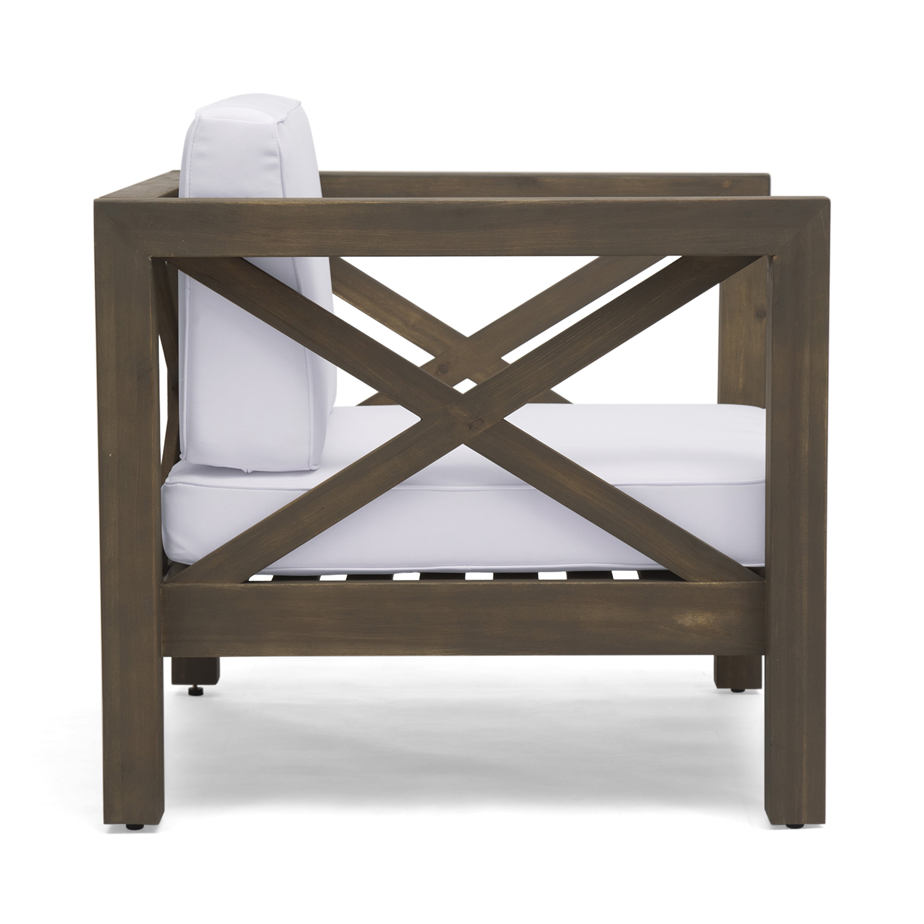 Outdoor Single Leisure Seat Chair, Acacia Wood Frame Relaxing Seat for Patio Garden, White