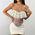thumbnail image 3 of Ugoldhm Women's Ruffle Embroidered Lace Corset - Strapless Bow Tie Going Out Bustier Crop Top, 3 of 4