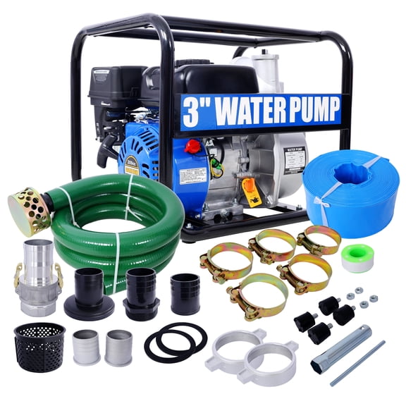 LuckyNote 3 Inch 7HP Gas Semi Trash Water Pump Kit, 209cc OHV Engine with 50ft Discharge Hose & 12ft Suction Hose for Dewatering