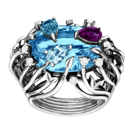 - Cristina Sabatini Natural Swiss & London Blue Topaz, Amethyst Iris Blossom Ring in Sterling Silver