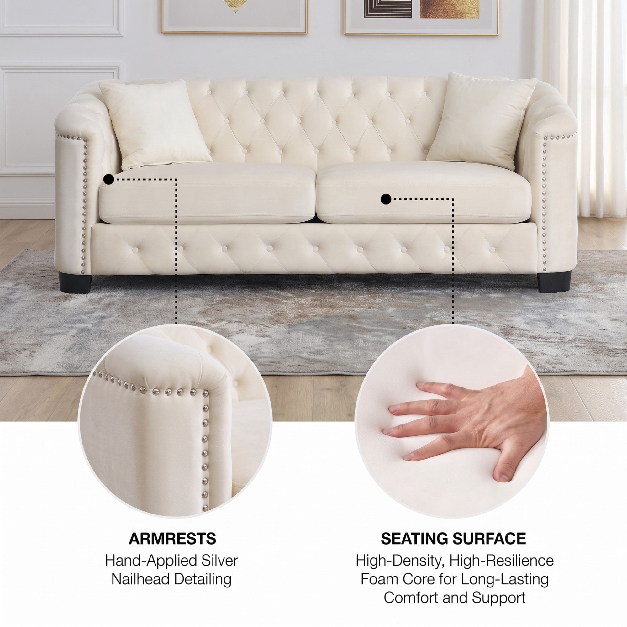 Sailvan 77" Modern Chesterfield Velvet Sofa, 3-Seater Tufted Upholstered Couch with Nailhead Trim & 2 Pillows for Living Room, Office Beige