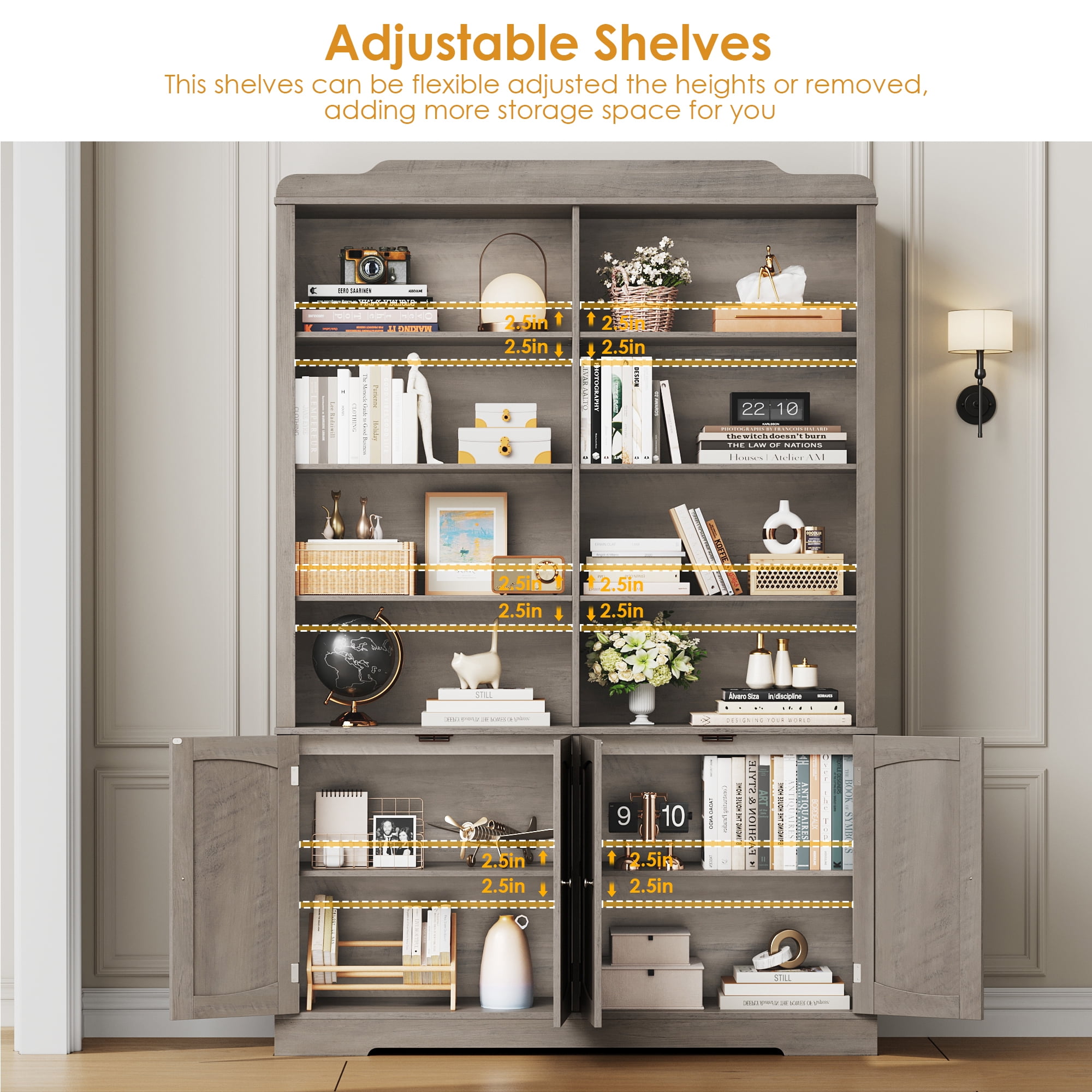 Homfa 73'' Tall Bookcase with 4 Doors, 6-Tier 8 Cubes Display Bookshelf, Double Row Bookcase with Adjustable Shelves for Living Room Home Office, Gray