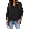 thumbnail image 1 of Blusa de manga larga para mujer Cuello en V Dobladillo irregular Diseño dividido Ajuste holgado Color sólido Top informal Negro L, 1 of 6