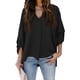 thumbnail image 1 of Blusa de manga larga para mujer Cuello en V Dobladillo irregular Diseño dividido Ajuste holgado Color sólido Top causal Negro M, 1 of 6