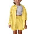 thumbnail image 2 of FAVIPT Outfits for Kids 2 Piece Sets Summer Long Sleeve Collared Button Shirts Drawstring Short Pants Casual Solid Sets Yellow,11 Years, 2 of 9