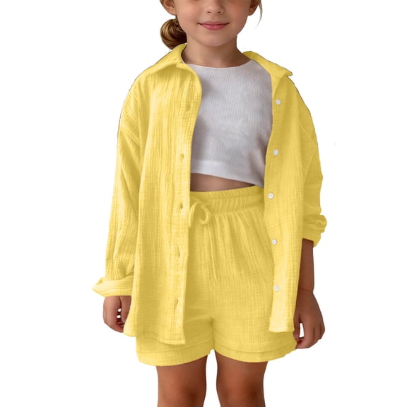 PiGOGI Kids Long Sleeve Button Down Shirt and Shorts Set Solid Color Casual Outfit for Girls Yellow 13Years