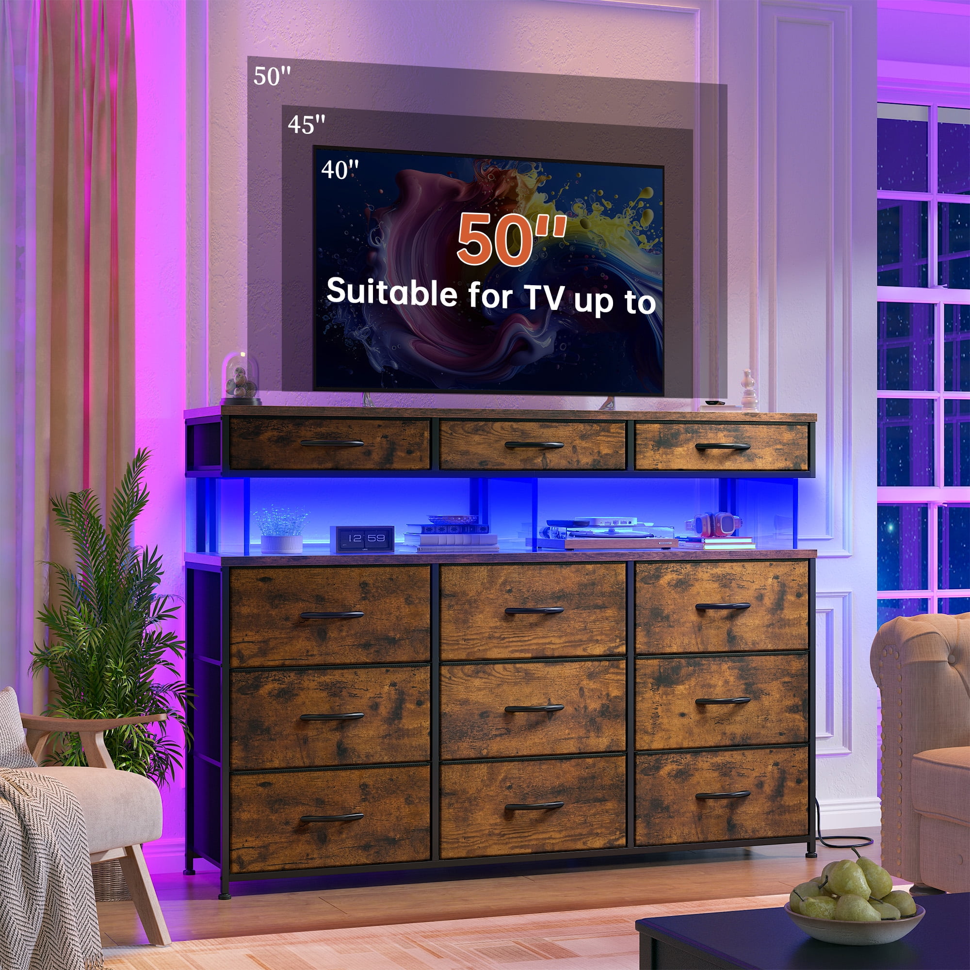 EnHomee Dresser for Bedroom with 12 Fabric Drawers Dresser with LED Lights and Charging Station Chest of Drawer for Entryway,Living Room,Closet,Rustic Brown