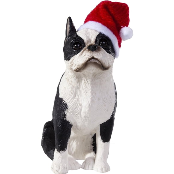Sandicast Boston Terrier avec Chapeau de Père Noël Ornement de Noël